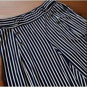 Striped Wide Leg Cropped Pants Nautical High Waist Button Detail Casual Trousers